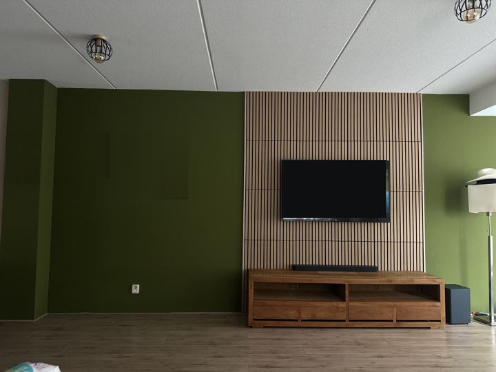 Living room feature walls in deep olive green