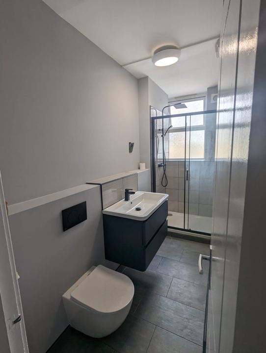 Refurbished bathroom with soft grey walls and a navy vanity